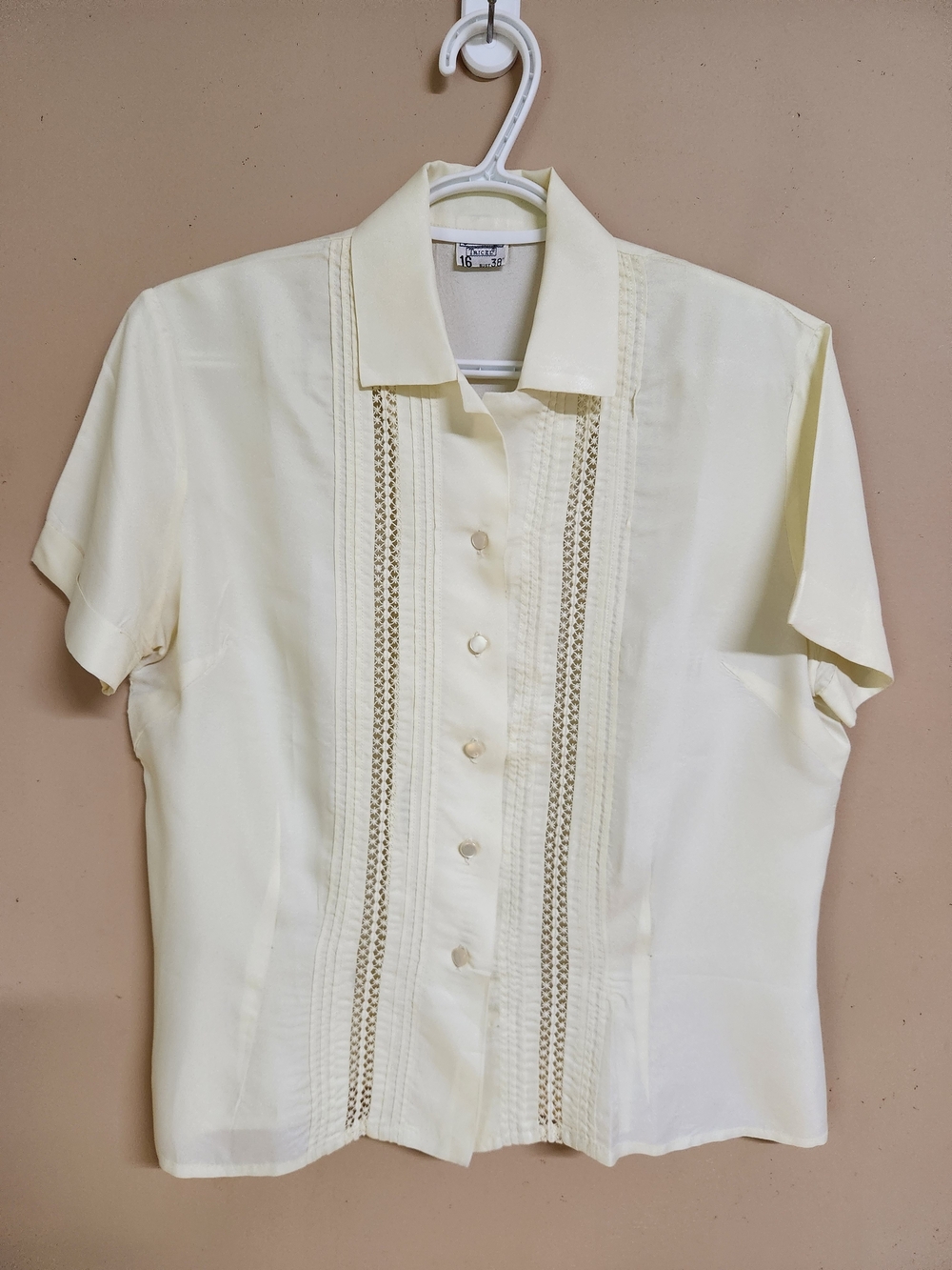 Women's Short-Sleeve Nylon Button Front Blouse in Light Butter Yellow